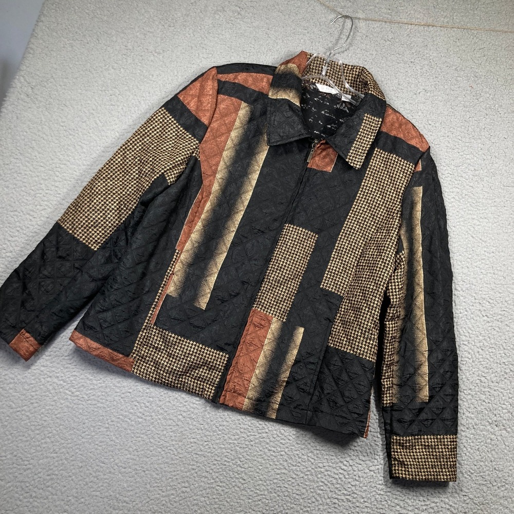 Erin by Erin London Jacket Womens L Black Copper Patchwork Houndstooth Zip Up